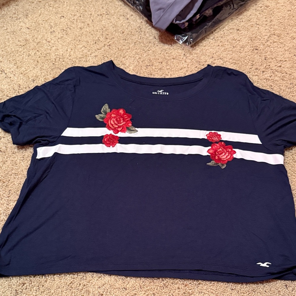 Hollister Navy Blue Tee with Red Floral Design